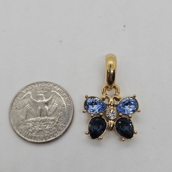 gold tone and blue rhinestone butterfly enhancer pendant - Picture 2 of 4